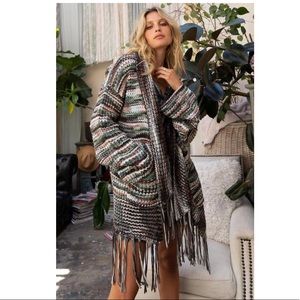 FUNKY LIL MULTICOLORED Tassel Hem Open Weave Crocheted Cardigan Jacket